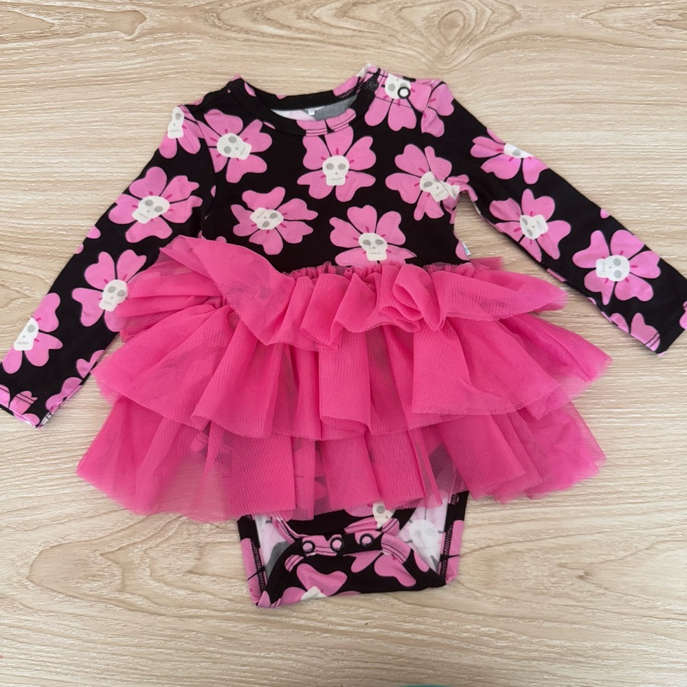 Posh‎ Peanut 3-6 Months Winifred Long Sleeve Tulle Dress Pink Black Skull Floral